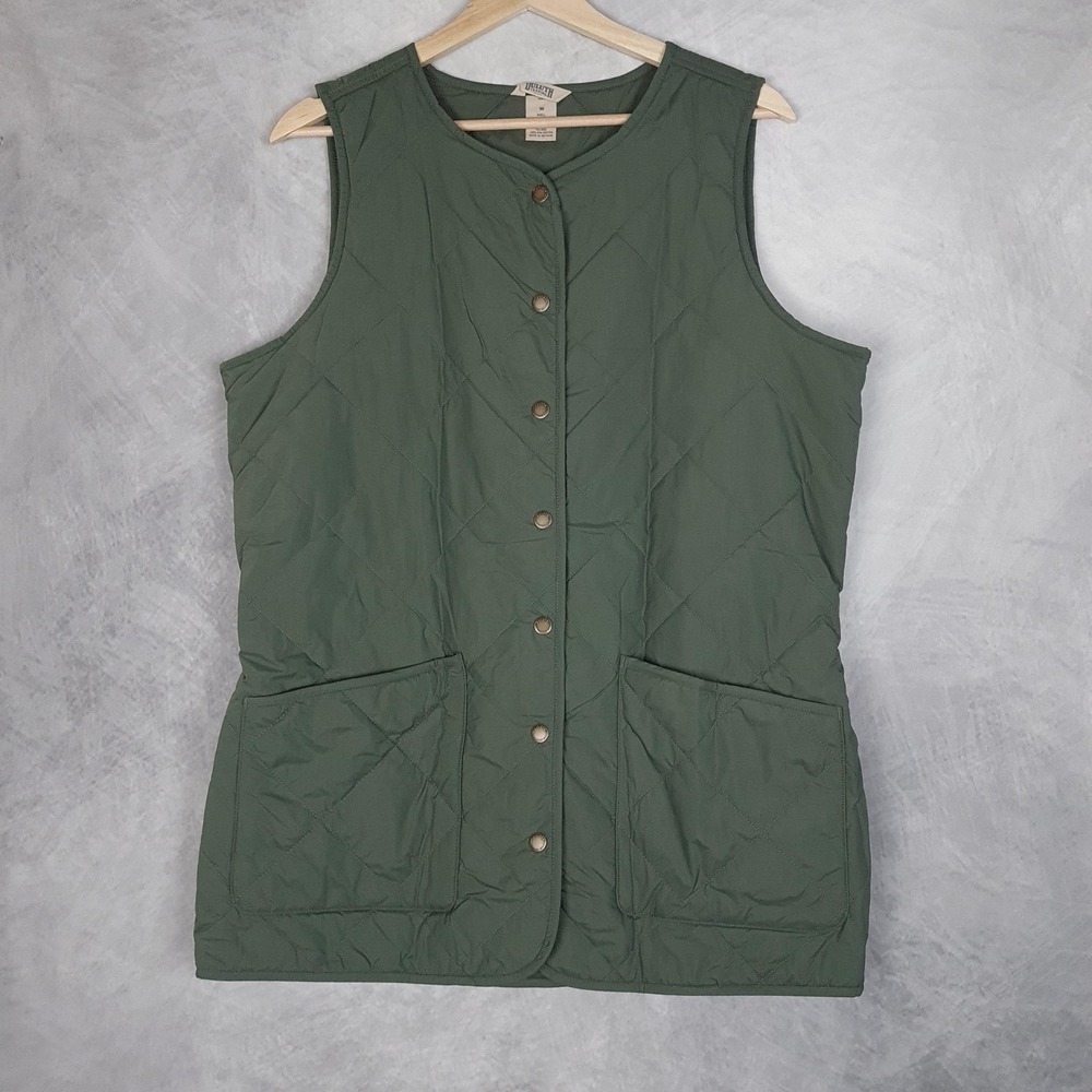 Duluth Trading Co Quilted Vest Womens Medium Green Snap Collarless Insulated